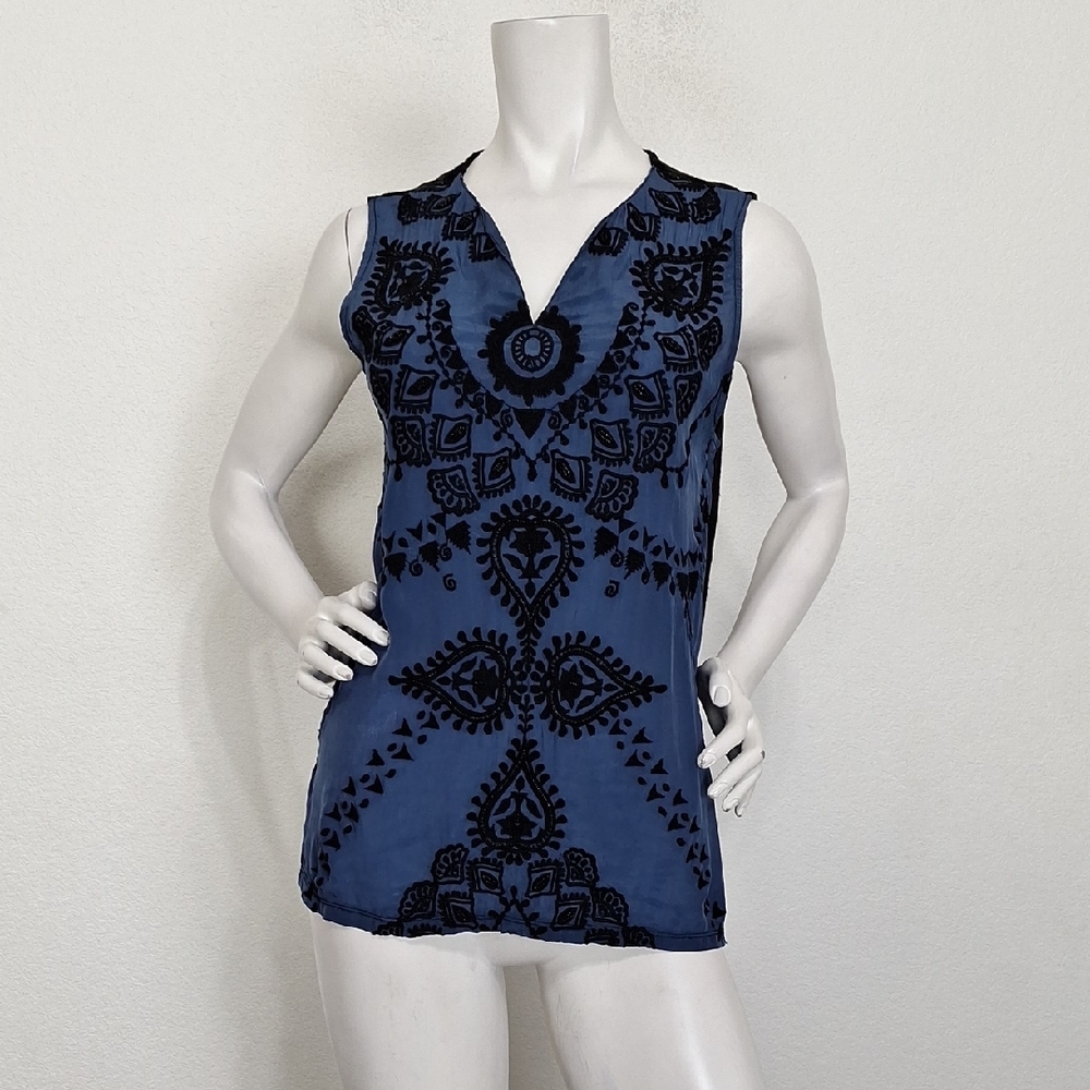 Lucky Brand Blue Black Geometric Print Whimsigoth Sleeveless Blouse Size S
